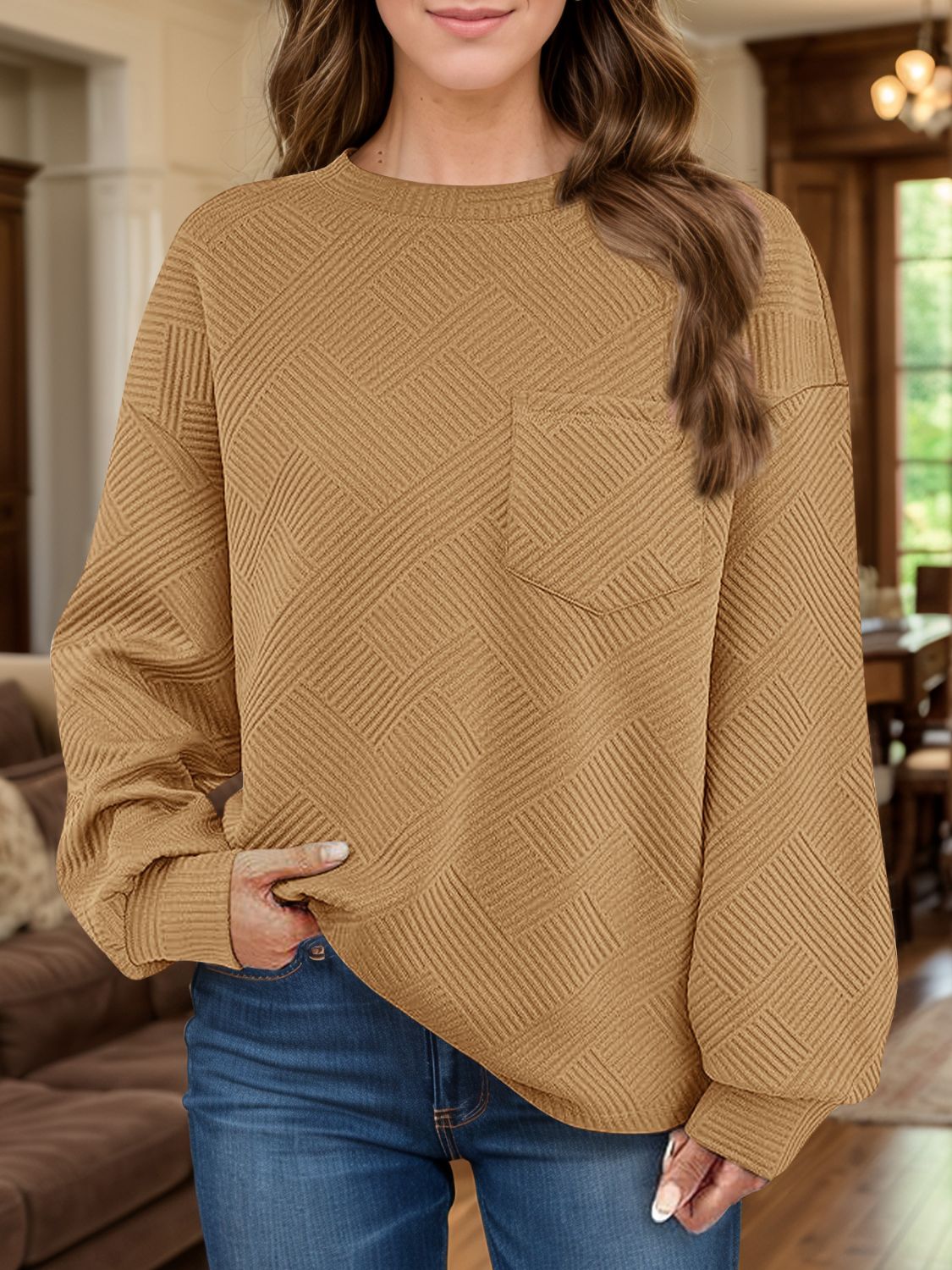 Full Size Texture Round Neck Long Sleeve Sweatshirt - aurelia-clothing-8955