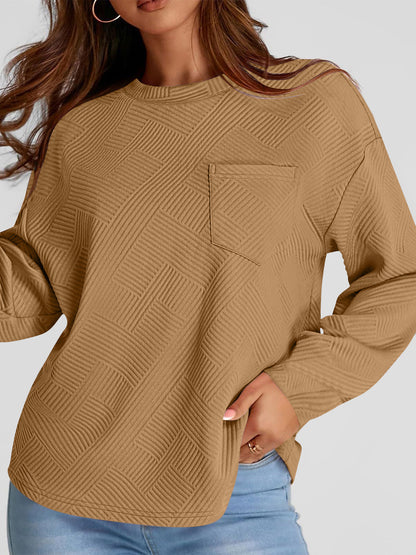 Full Size Texture Round Neck Long Sleeve Sweatshirt - aurelia-clothing-8955