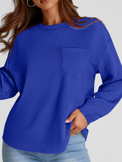 Full Size Texture Round Neck Long Sleeve Sweatshirt - aurelia-clothing-8955
