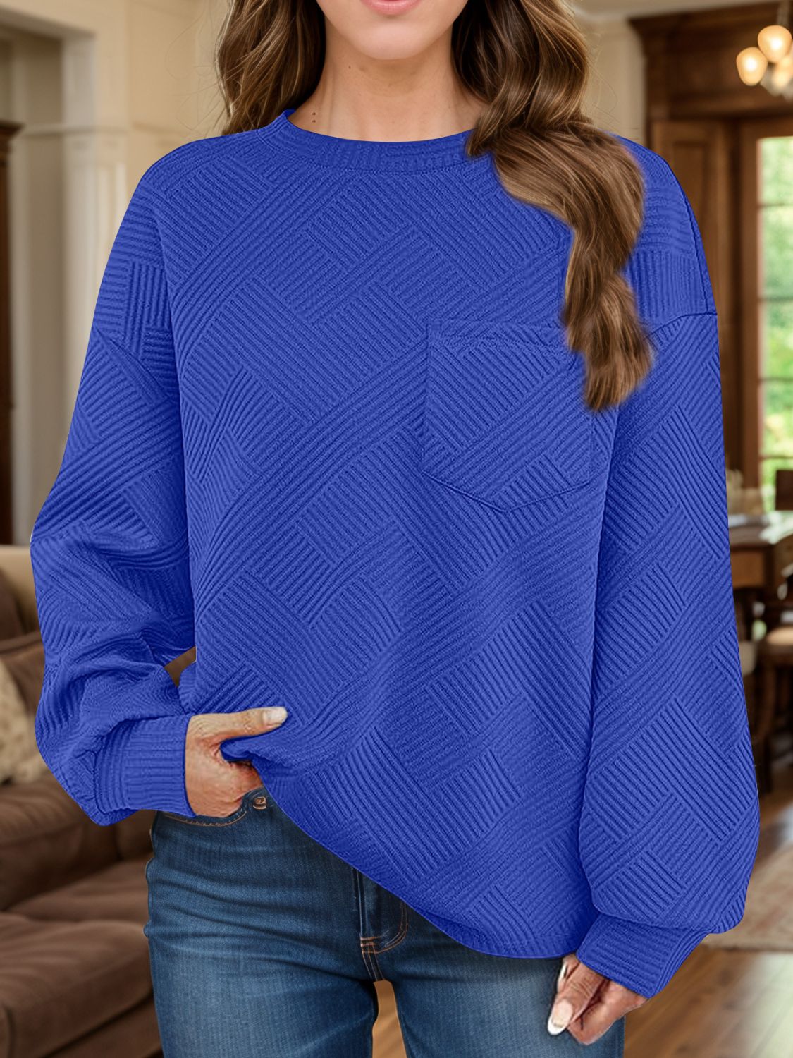 Full Size Texture Round Neck Long Sleeve Sweatshirt - aurelia-clothing-8955