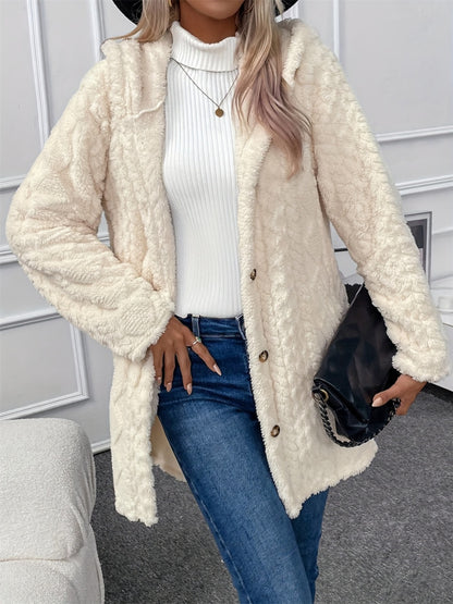 Fuzzy Button Down Hooded Coat - Free Shipping - aurelia-clothing-8955