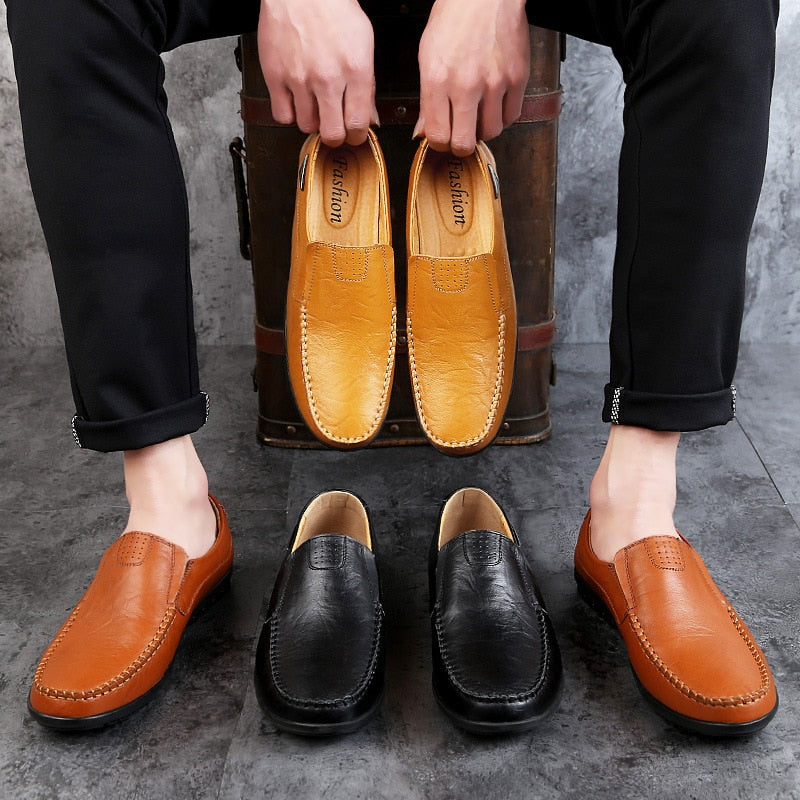 Genuine Leather Mens Moccasin Shoes Black Men Flats Breathable Casual Italian Loafers Comfortable Plus Size - Free Shipping - aurelia-clothing-8955