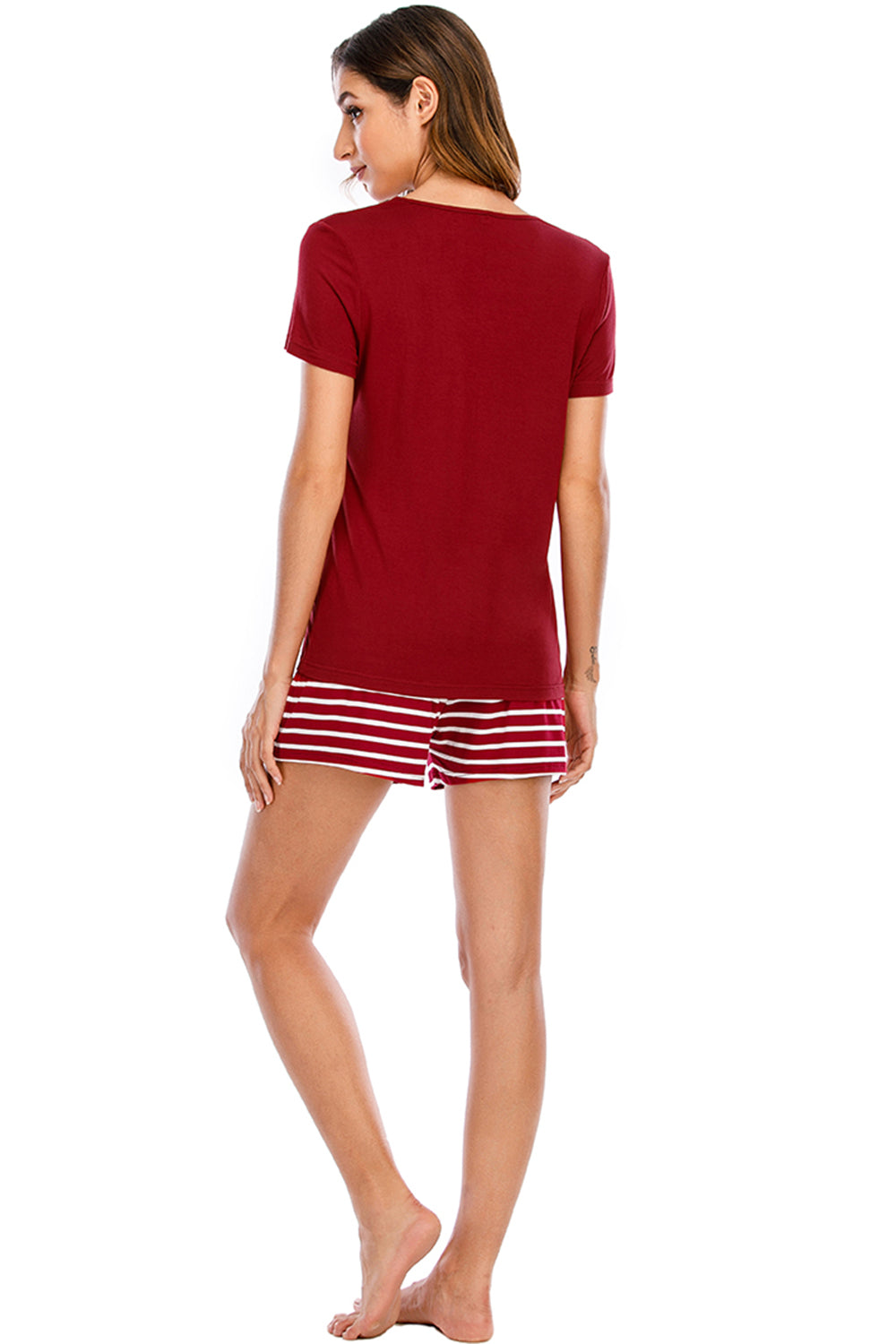 Graphic Round Neck Top and Striped Shorts Lounge Set - aurelia-clothing-8955