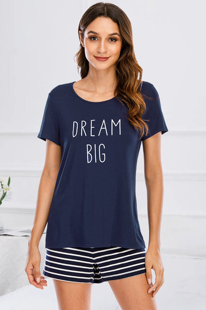 Graphic Round Neck Top and Striped Shorts Lounge Set - aurelia-clothing-8955