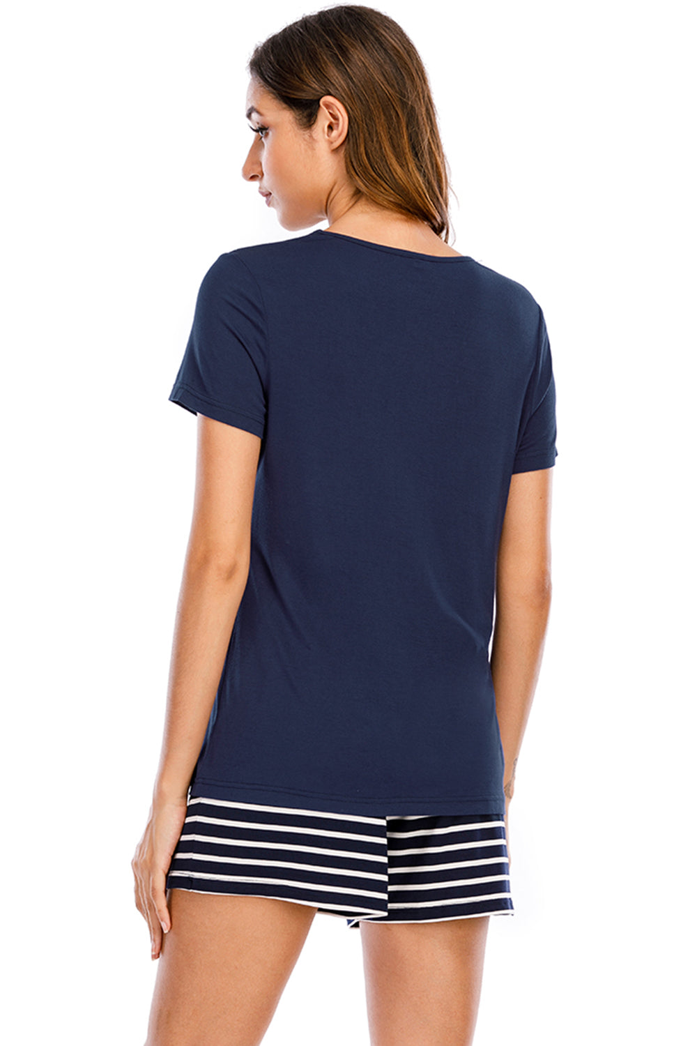 Graphic Round Neck Top and Striped Shorts Lounge Set - aurelia-clothing-8955
