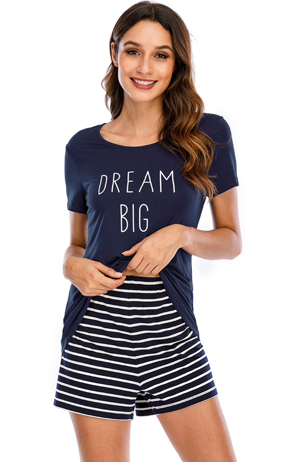 Graphic Round Neck Top and Striped Shorts Lounge Set - aurelia-clothing-8955