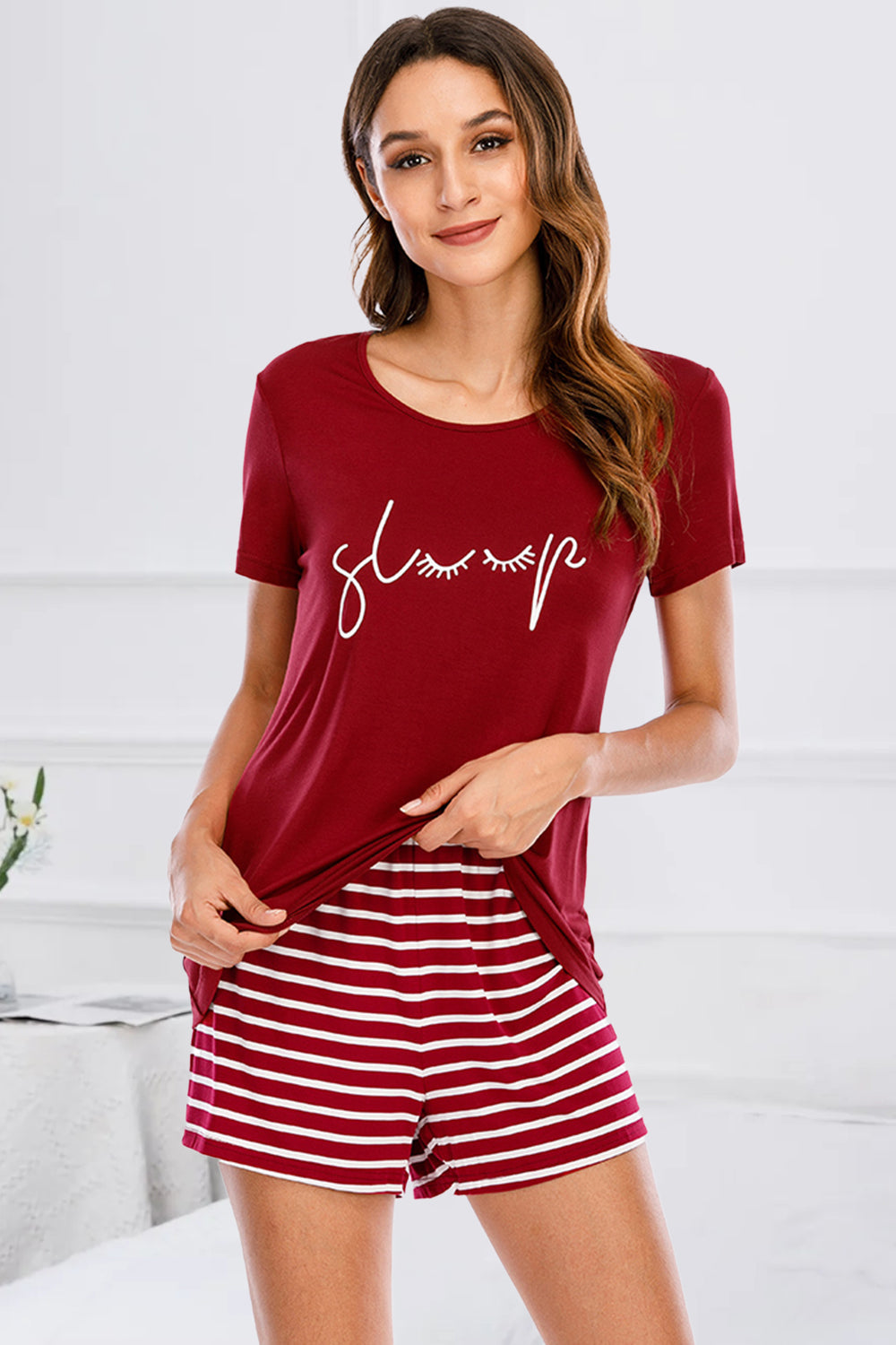 Graphic Round Neck Top and Striped Shorts Lounge Set - aurelia-clothing-8955