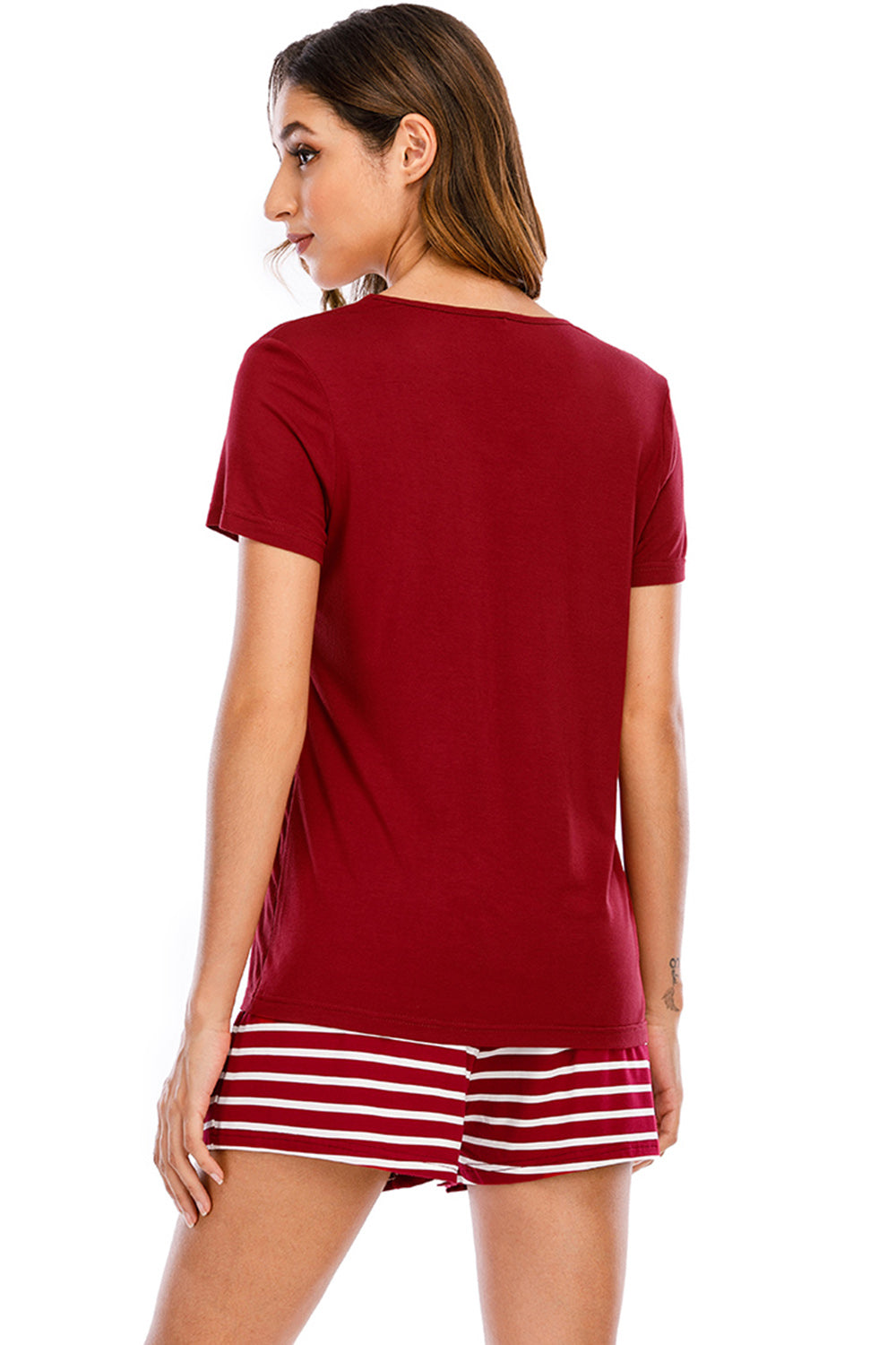 Graphic Round Neck Top and Striped Shorts Lounge Set - aurelia-clothing-8955