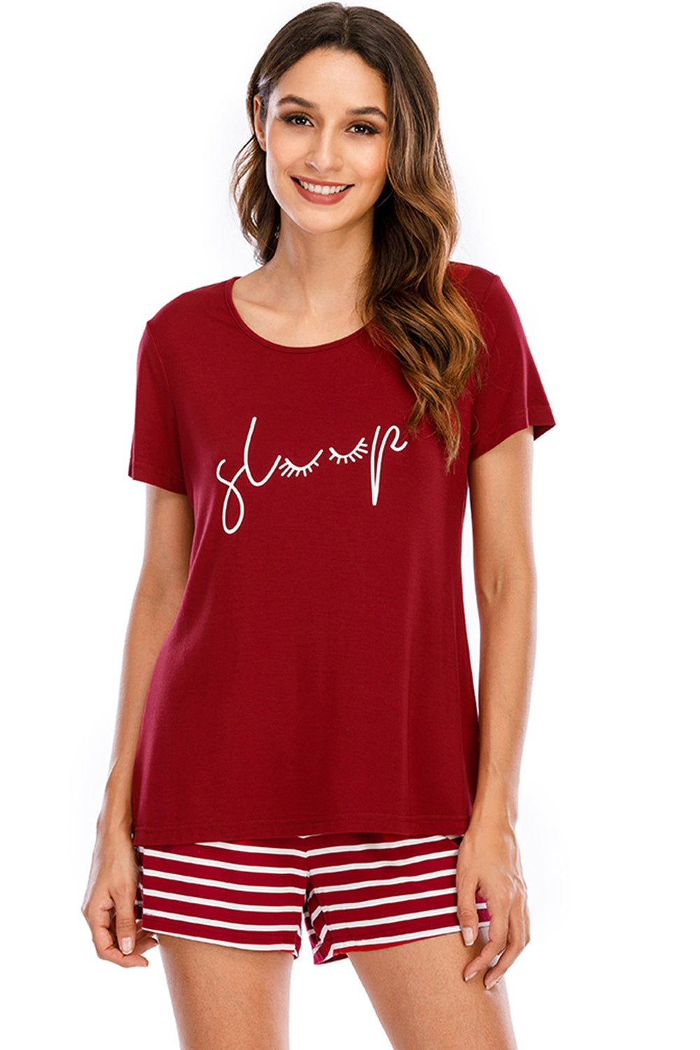Graphic Round Neck Top and Striped Shorts Lounge Set - aurelia-clothing-8955
