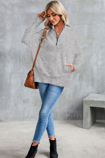 Half Zip Pocketed Dropped Shoulder Sweatshirt - aurelia-clothing-8955
