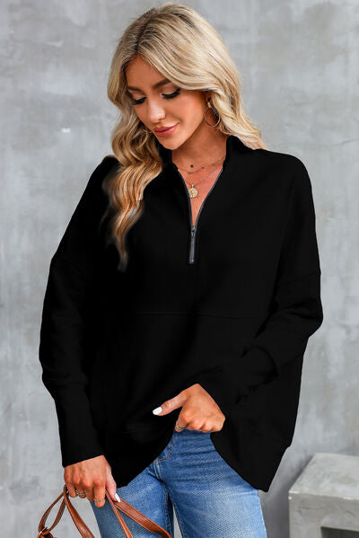 Half Zip Pocketed Dropped Shoulder Sweatshirt - aurelia-clothing-8955