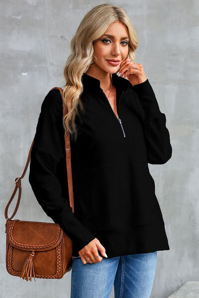 Half Zip Pocketed Dropped Shoulder Sweatshirt - aurelia-clothing-8955