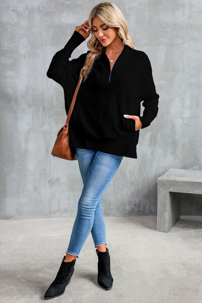 Half Zip Pocketed Dropped Shoulder Sweatshirt - aurelia-clothing-8955