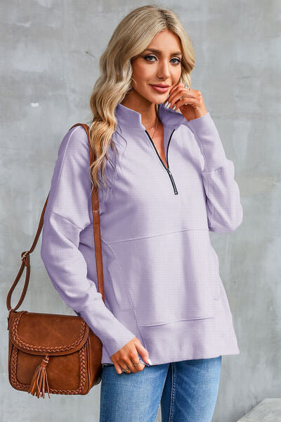 Half Zip Pocketed Dropped Shoulder Sweatshirt - aurelia-clothing-8955