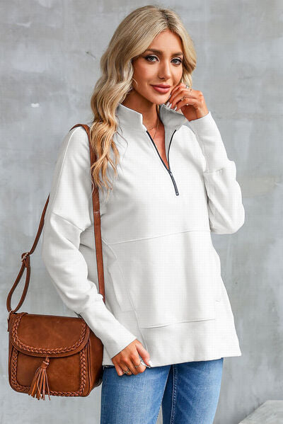 Half Zip Pocketed Dropped Shoulder Sweatshirt - aurelia-clothing-8955