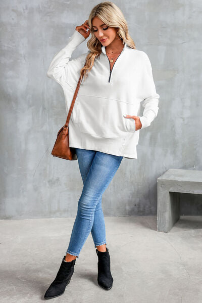 Half Zip Pocketed Dropped Shoulder Sweatshirt - aurelia-clothing-8955