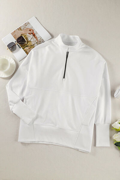 Half Zip Pocketed Dropped Shoulder Sweatshirt - aurelia-clothing-8955