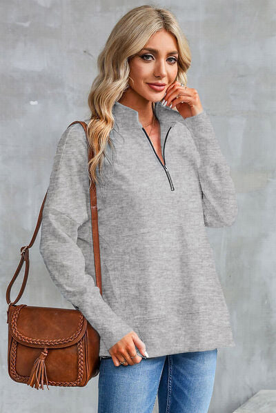 Half Zip Pocketed Dropped Shoulder Sweatshirt - aurelia-clothing-8955