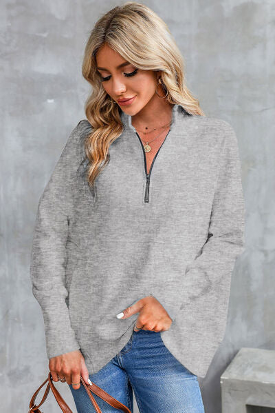 Half Zip Pocketed Dropped Shoulder Sweatshirt - aurelia-clothing-8955
