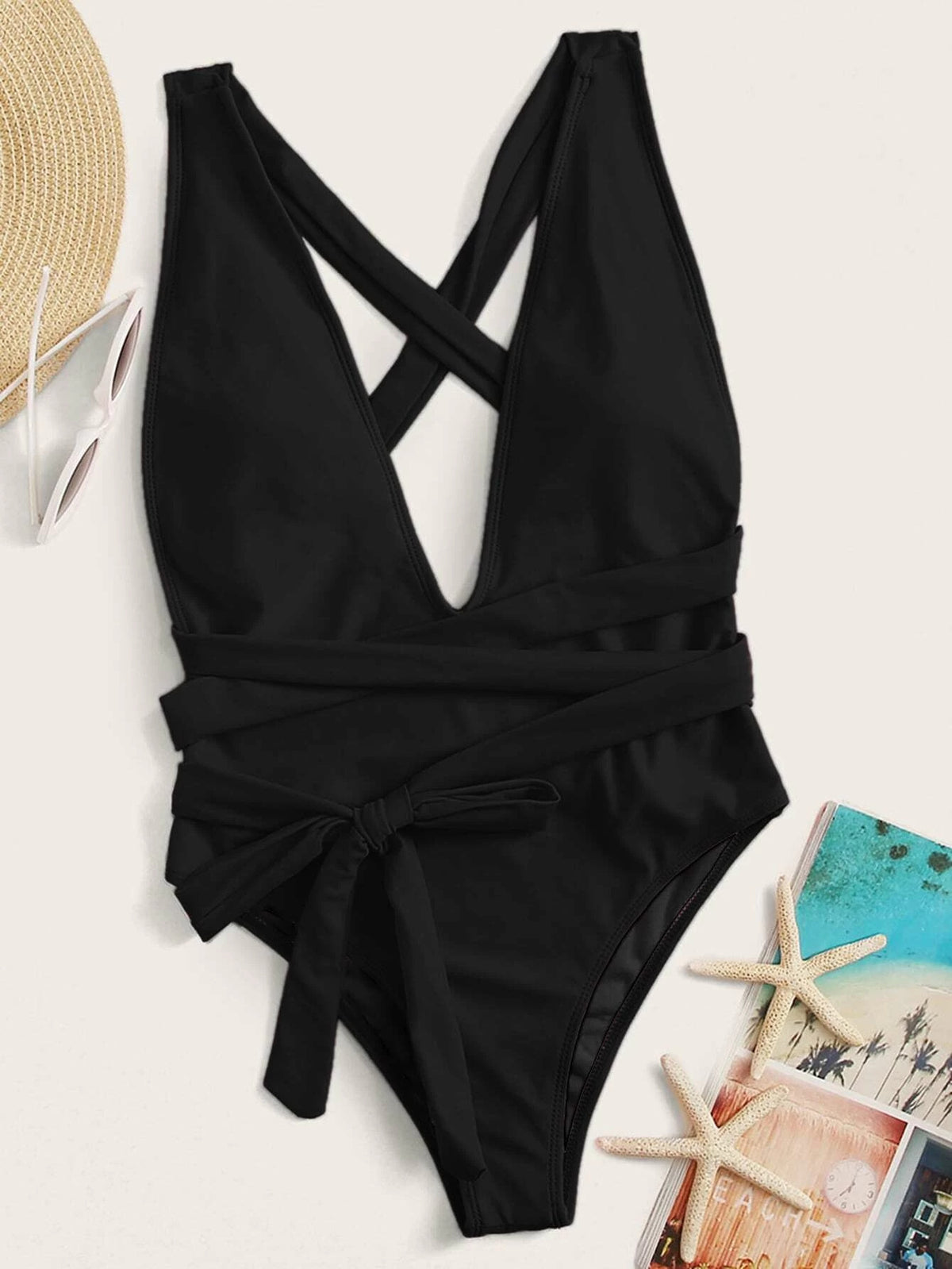 Halter Neck Deep V Tied One-Piece Swimsuit-Free Shipping - aurelia-clothing-8955