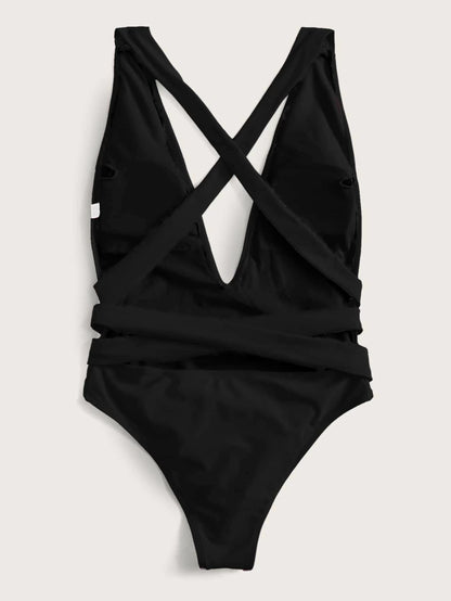Halter Neck Deep V Tied One-Piece Swimsuit-Free Shipping - aurelia-clothing-8955