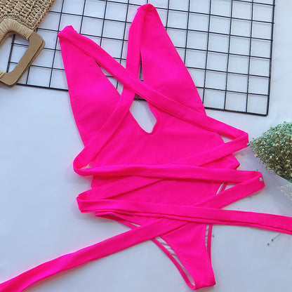 Halter Neck Deep V Tied One-Piece Swimsuit-Free Shipping - aurelia-clothing-8955