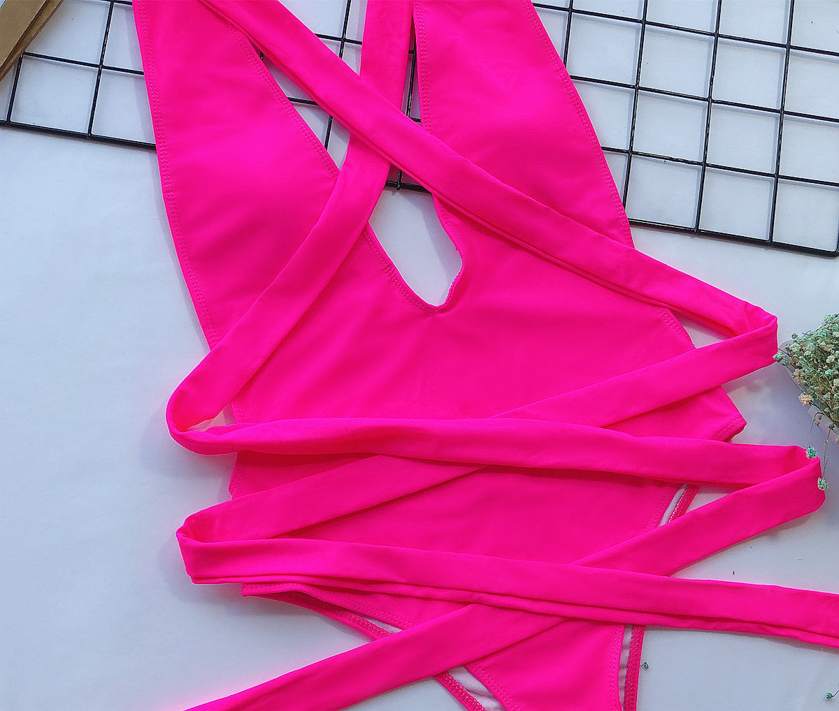 Halter Neck Deep V Tied One-Piece Swimsuit-Free Shipping - aurelia-clothing-8955
