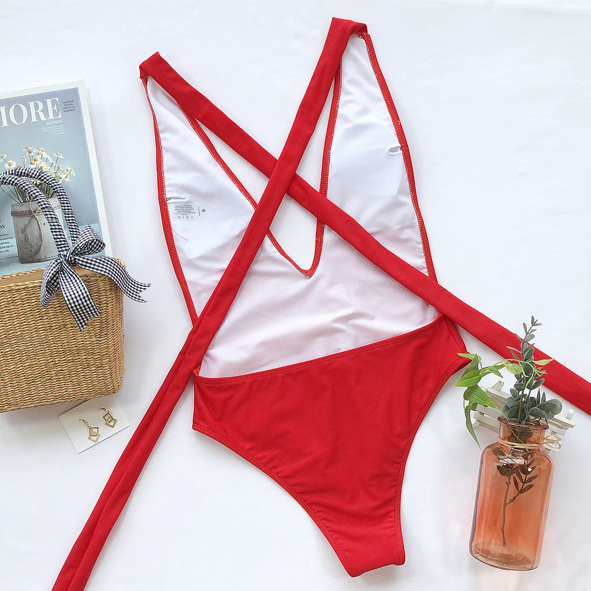 Halter Neck Deep V Tied One-Piece Swimsuit-Free Shipping - aurelia-clothing-8955