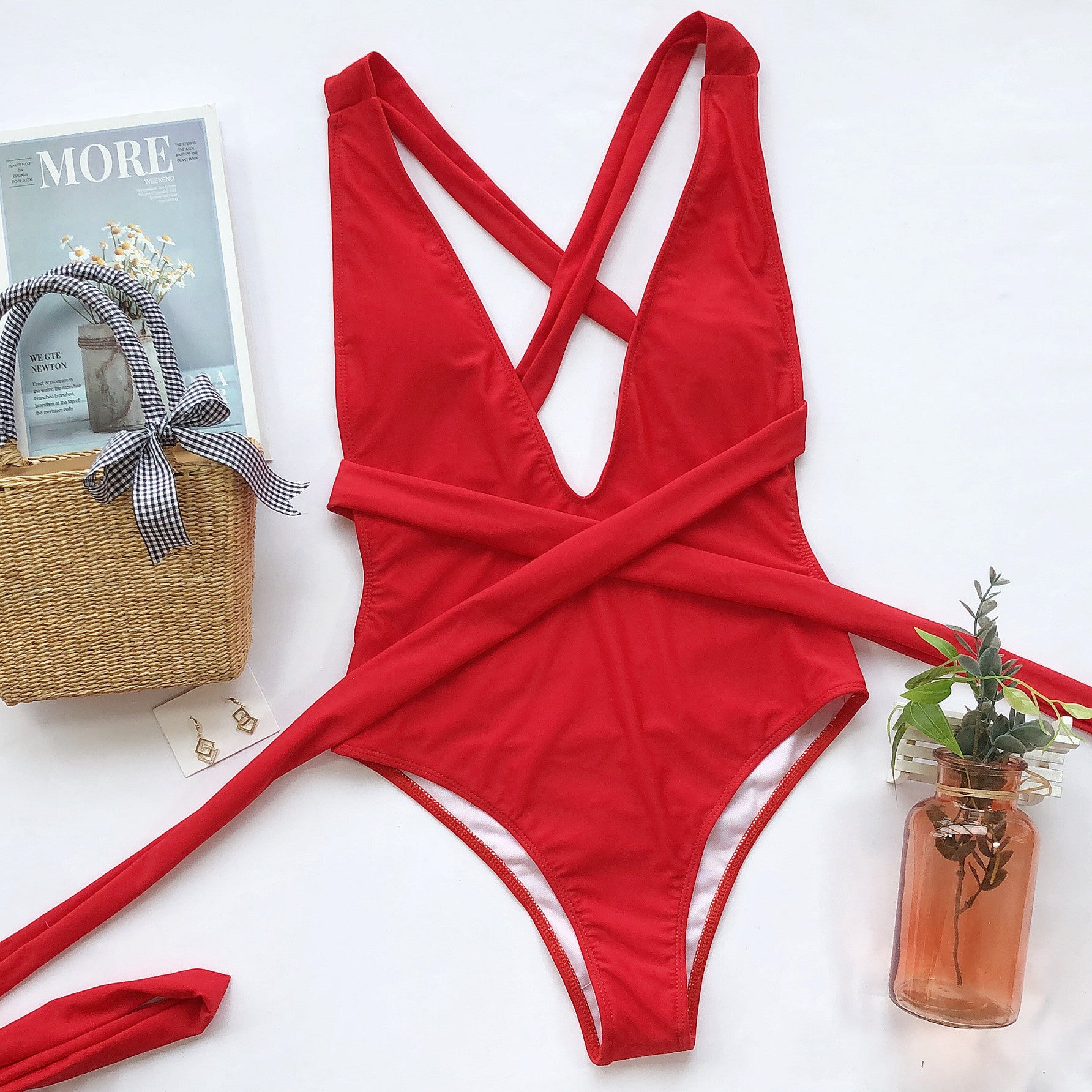 Halter Neck Deep V Tied One-Piece Swimsuit-Free Shipping - aurelia-clothing-8955