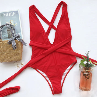 Halter Neck Deep V Tied One-Piece Swimsuit-Free Shipping - aurelia-clothing-8955