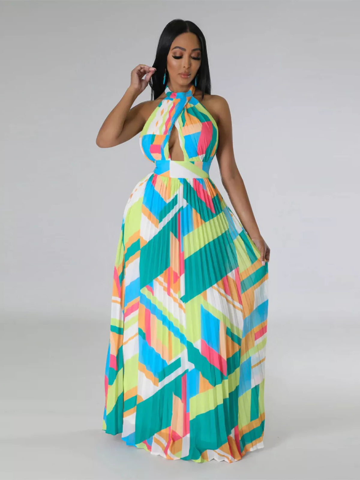 Halter Neck Pleated Maxi Dress-Free Shipping - aurelia-clothing-8955