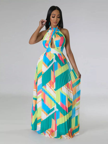 Halter Neck Pleated Maxi Dress-Free Shipping - aurelia-clothing-8955
