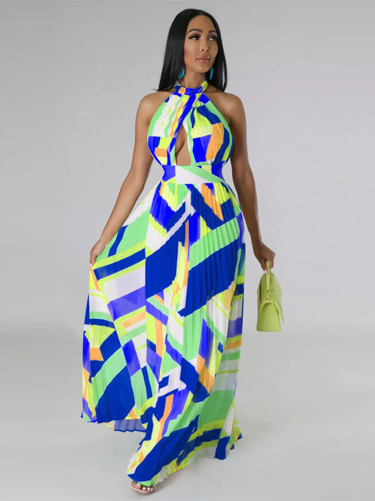Halter Neck Pleated Maxi Dress-Free Shipping - aurelia-clothing-8955