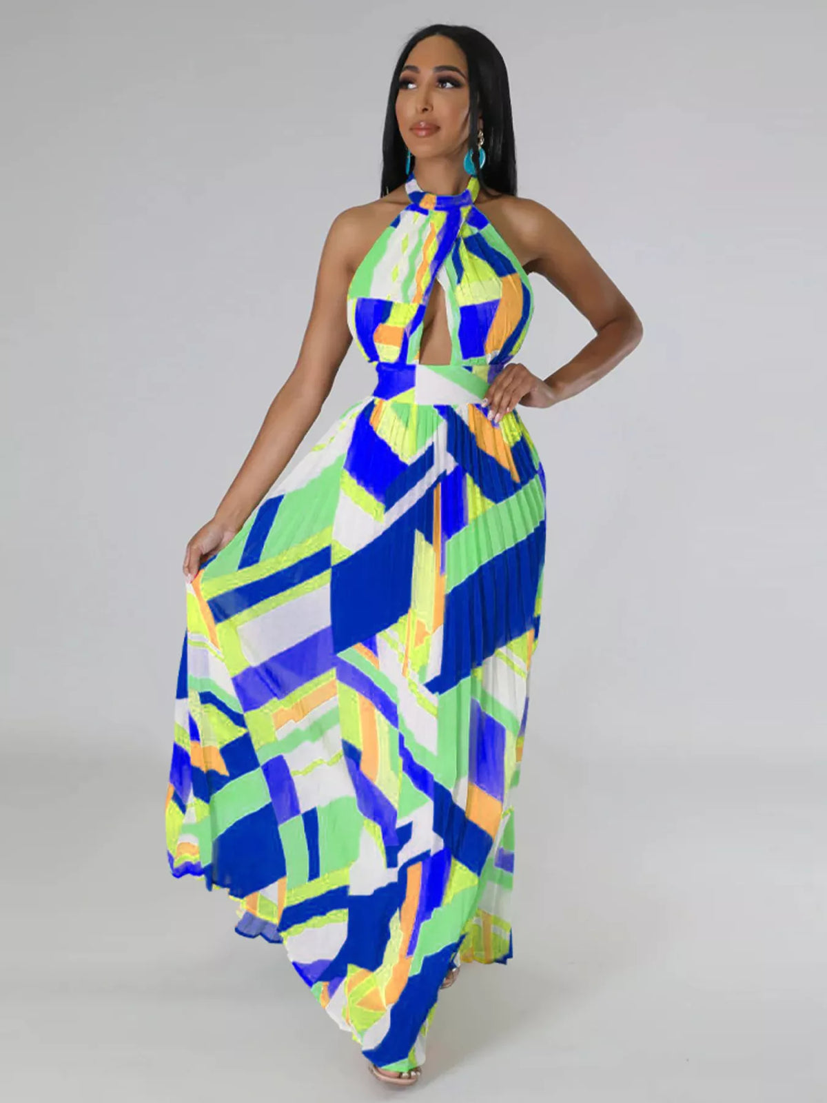Halter Neck Pleated Maxi Dress-Free Shipping - aurelia-clothing-8955
