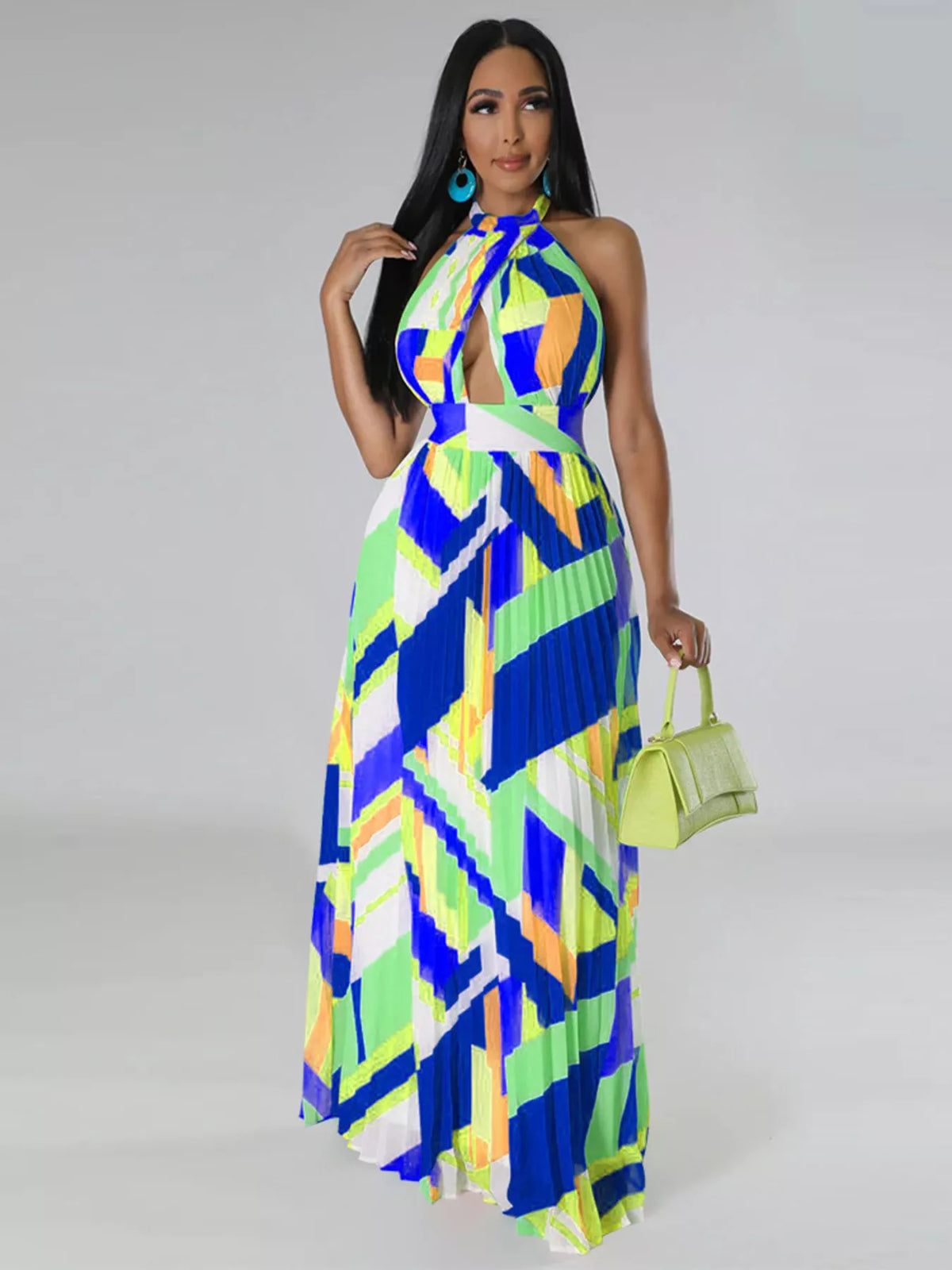 Halter Neck Pleated Maxi Dress-Free Shipping - aurelia-clothing-8955