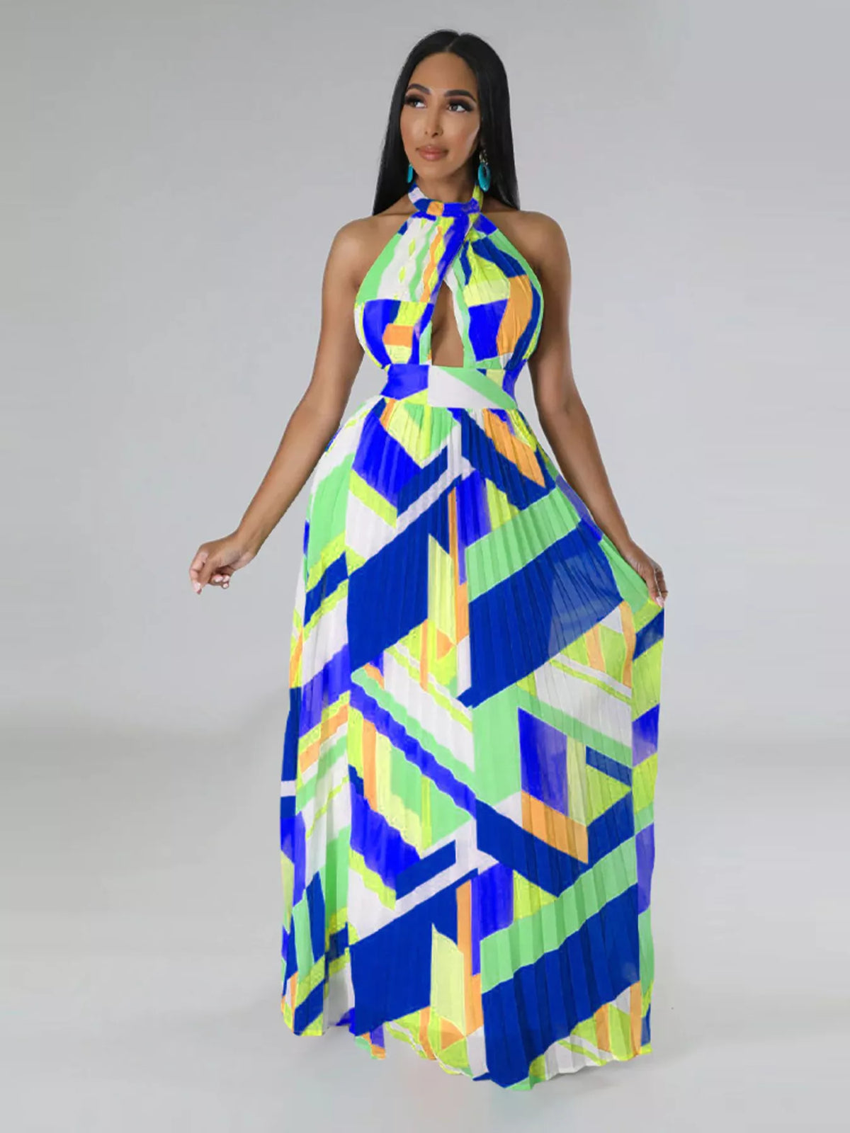 Halter Neck Pleated Maxi Dress-Free Shipping - aurelia-clothing-8955