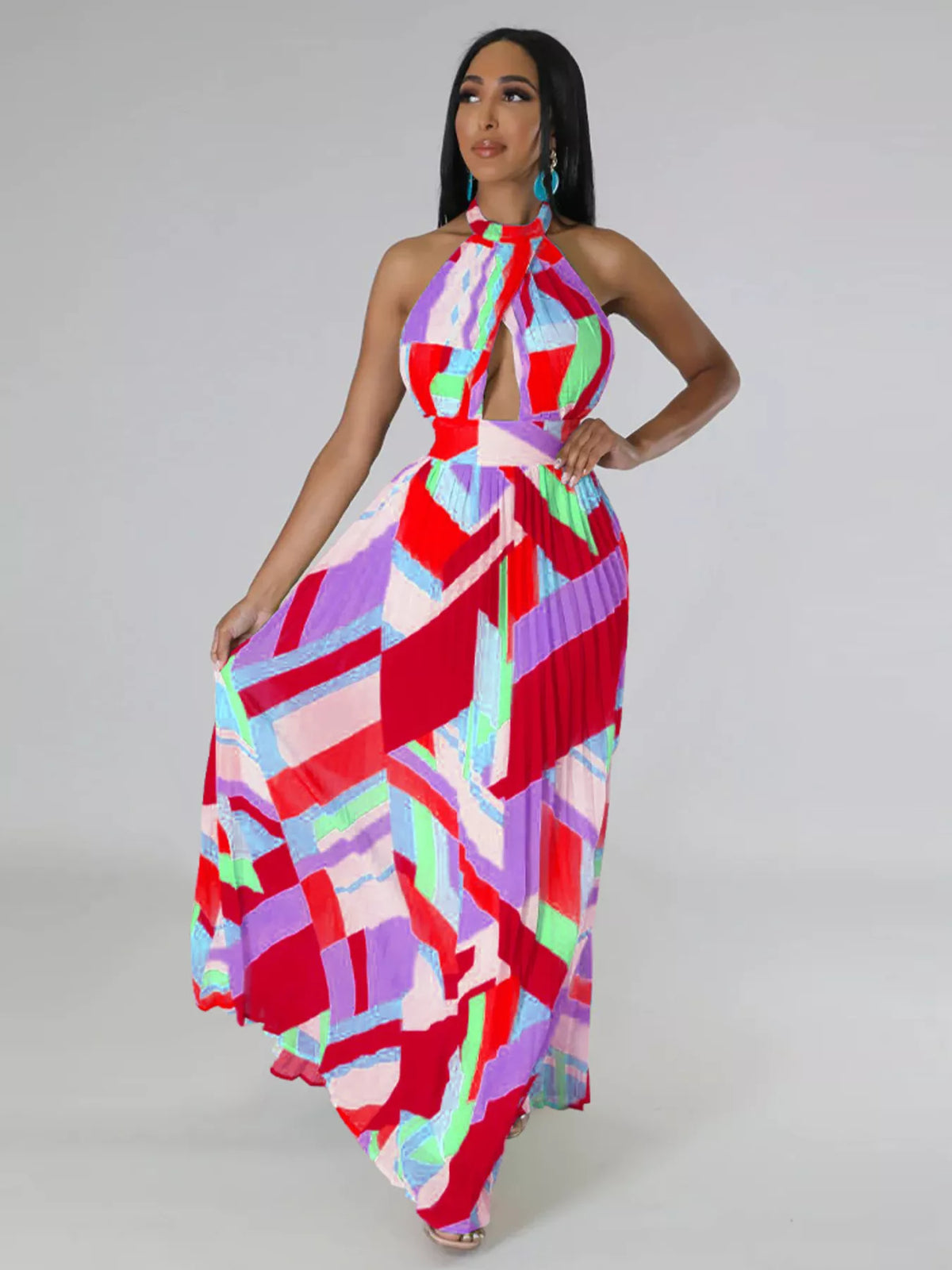 Halter Neck Pleated Maxi Dress-Free Shipping - aurelia-clothing-8955