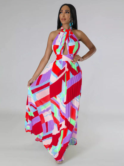 Halter Neck Pleated Maxi Dress-Free Shipping - aurelia-clothing-8955