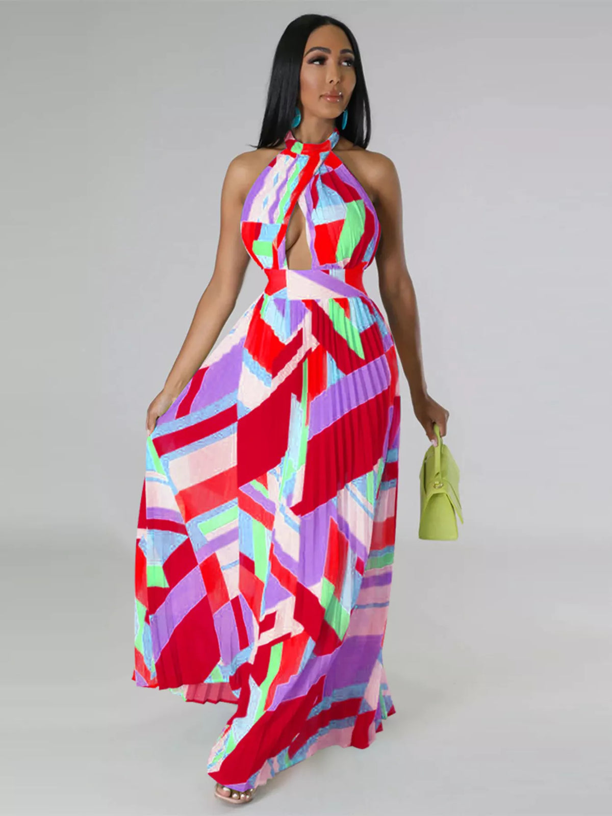Halter Neck Pleated Maxi Dress-Free Shipping - aurelia-clothing-8955