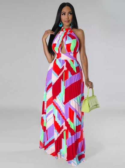 Halter Neck Pleated Maxi Dress-Free Shipping - aurelia-clothing-8955