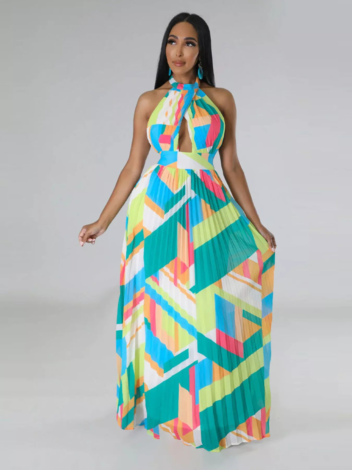 Halter Neck Pleated Maxi Dress-Free Shipping - aurelia-clothing-8955
