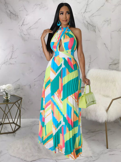 Halter Neck Pleated Maxi Dress-Free Shipping - aurelia-clothing-8955