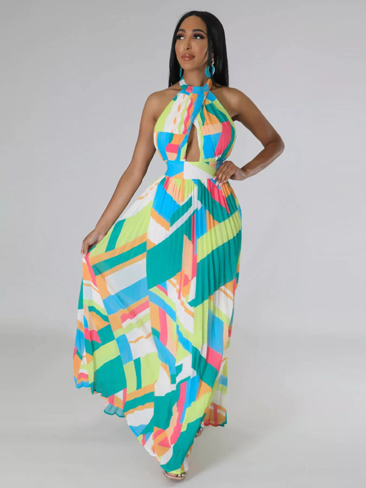 Halter Neck Pleated Maxi Dress-Free Shipping - aurelia-clothing-8955