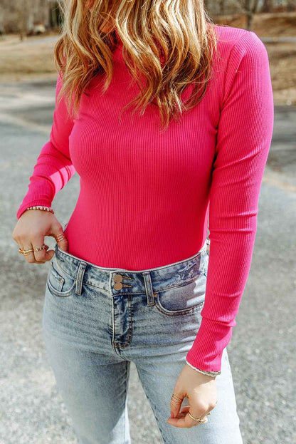 High Neck Long Sleeve Ribbed Top - aurelia-clothing-8955