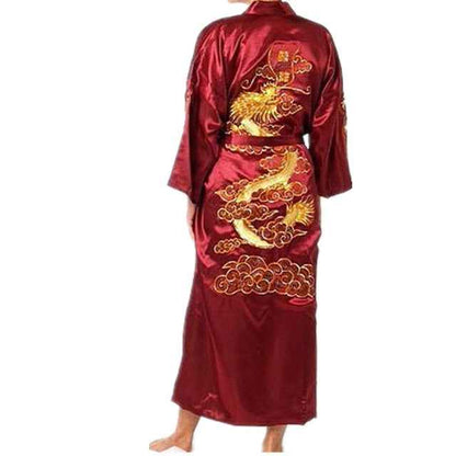 Hot Sale Burgundy Chinese Men Silk Satin Robe Novelty Traditional Embroidery Dragon Kimono Yukata Bath Gown Size M L XL XXL XXXL - aurelia-clothing-8955