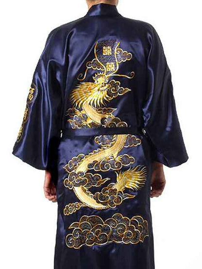 Hot Sale Burgundy Chinese Men Silk Satin Robe Novelty Traditional Embroidery Dragon Kimono Yukata Bath Gown Size M L XL XXL XXXL - aurelia-clothing-8955