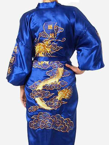 Hot Sale Burgundy Chinese Men Silk Satin Robe Novelty Traditional Embroidery Dragon Kimono Yukata Bath Gown Size M L XL XXL XXXL - aurelia-clothing-8955