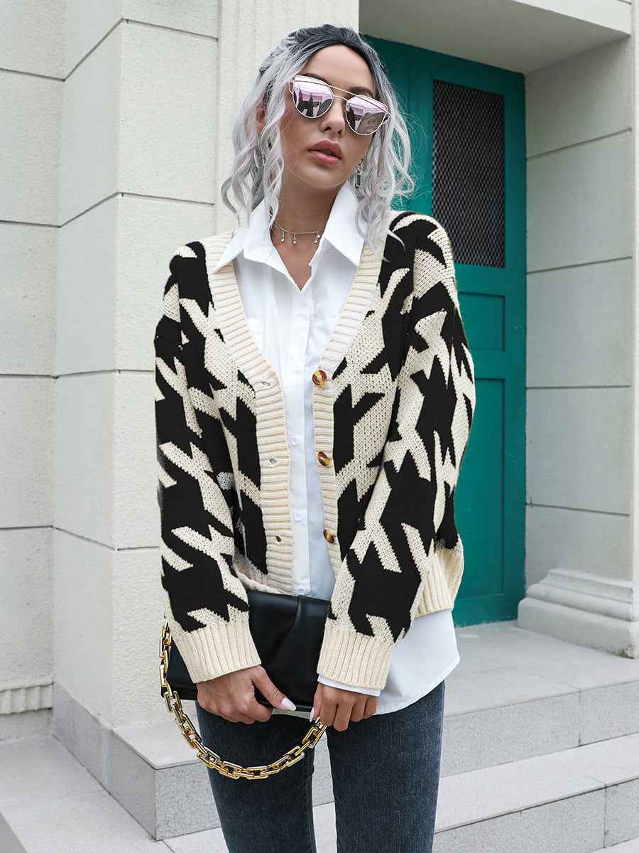 Houndstooth Button Down Cardigan - aurelia-clothing-8955