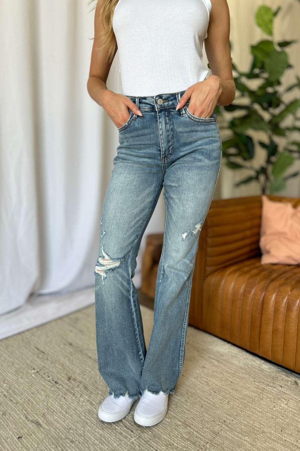 Judy Blue Full Size Medium Rise Tummy Control Destroy Flare-Free Shipping - aurelia-clothing-8955