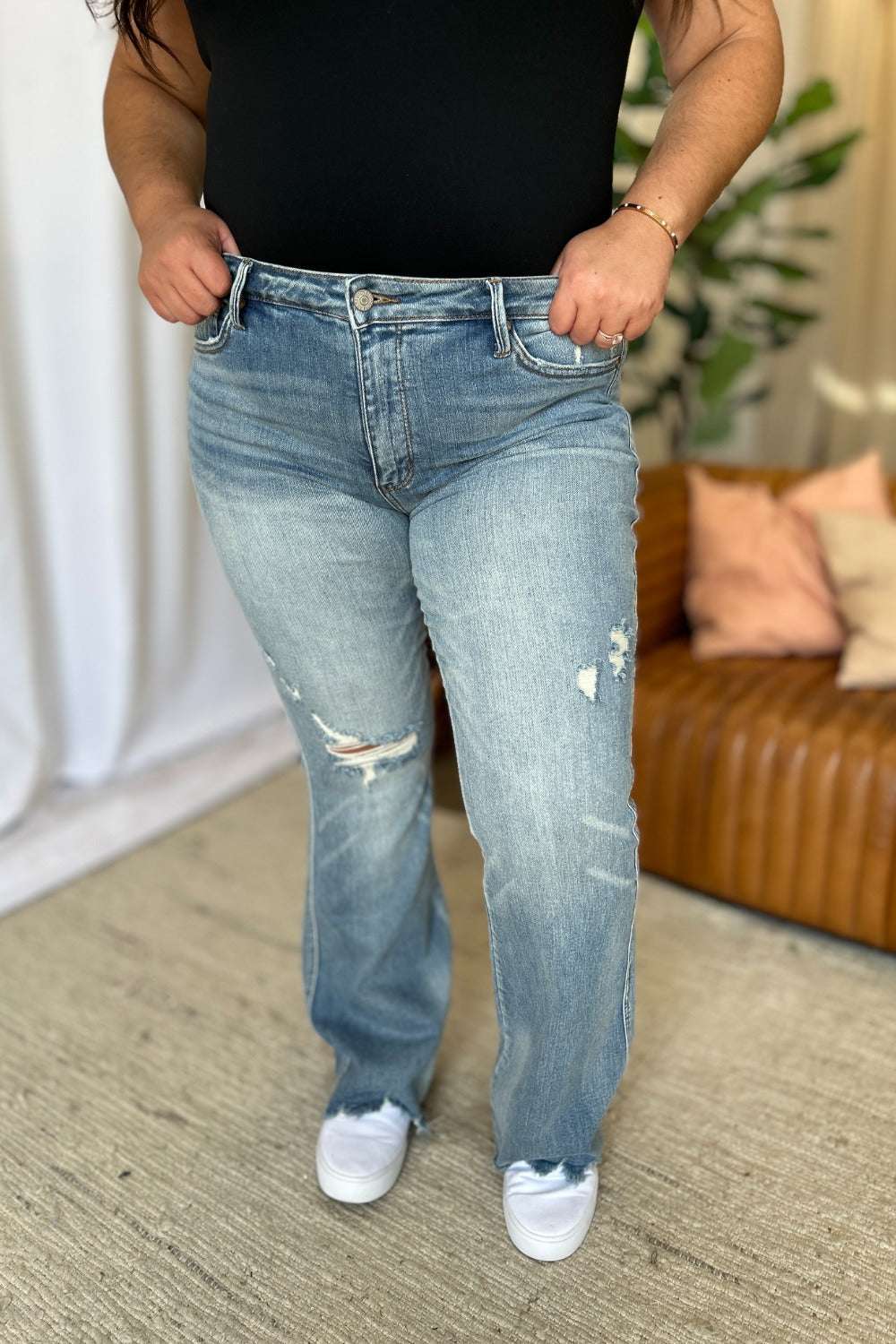 Judy Blue Full Size Medium Rise Tummy Control Destroy Flare-Free Shipping - aurelia-clothing-8955